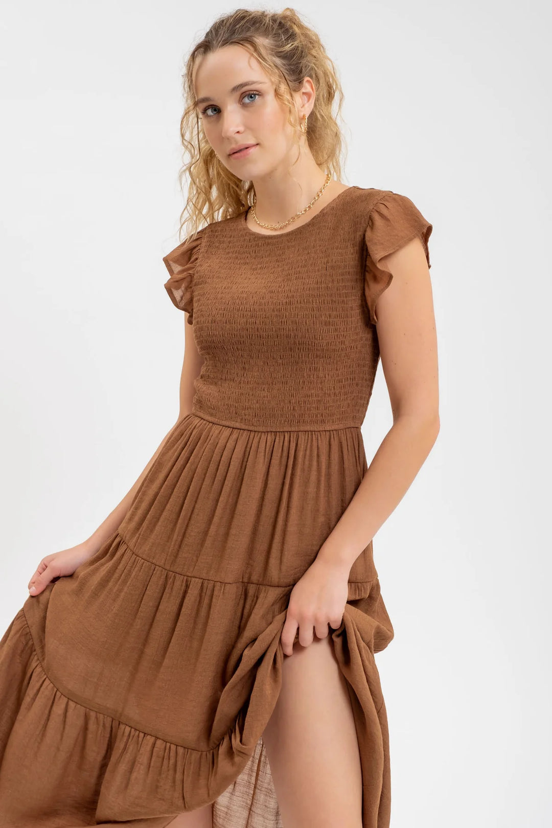 Smocked & Tiered Midi Dress - Round Neck