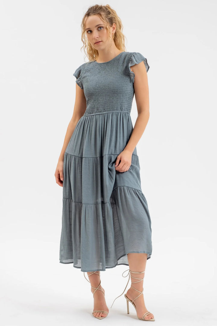 Smocked & Tiered Midi Dress - Round Neck