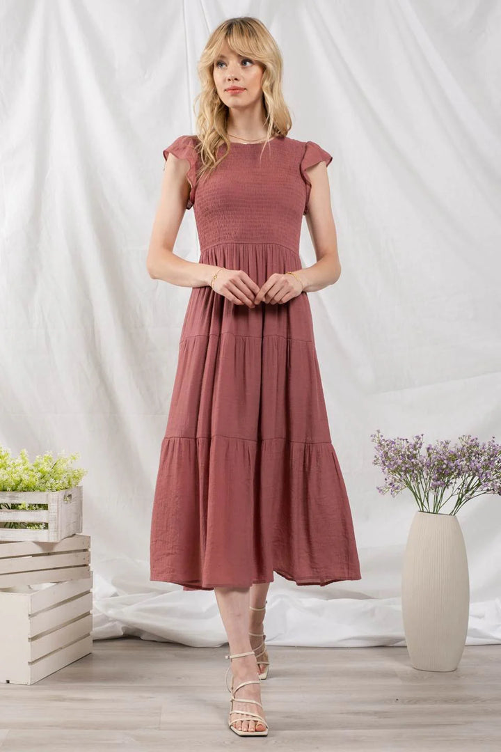 Smocked & Tiered Midi Dress - Round Neck