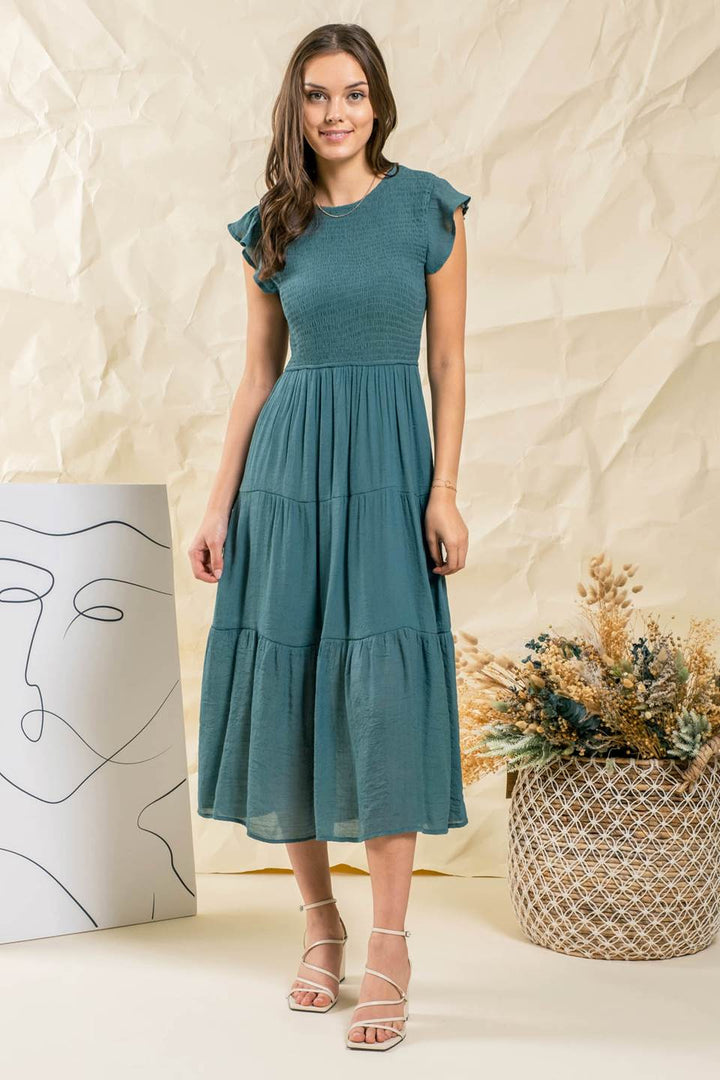 Smocked & Tiered Midi Dress - Round Neck