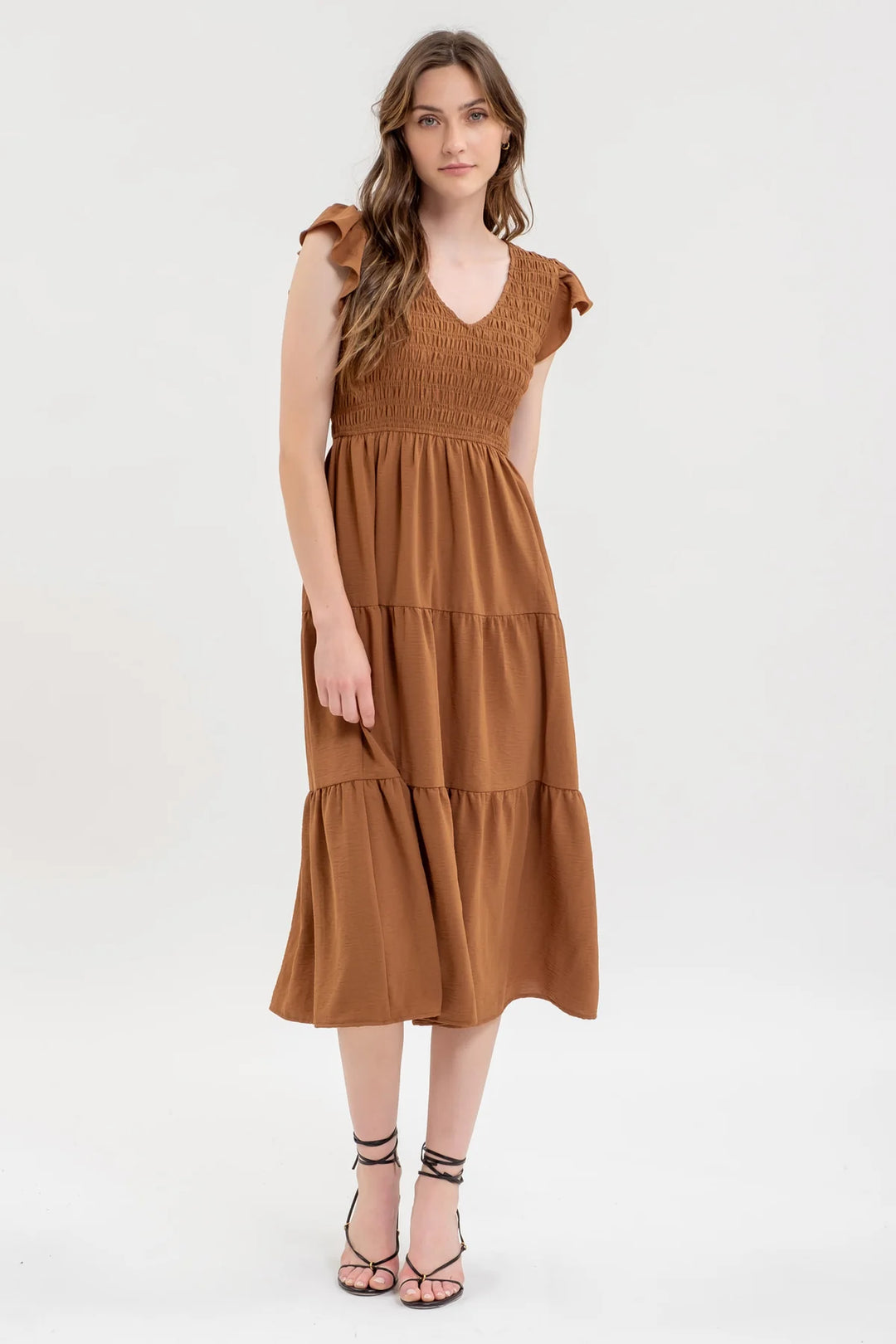 Smocked + Tiered Midi Dress - V neck