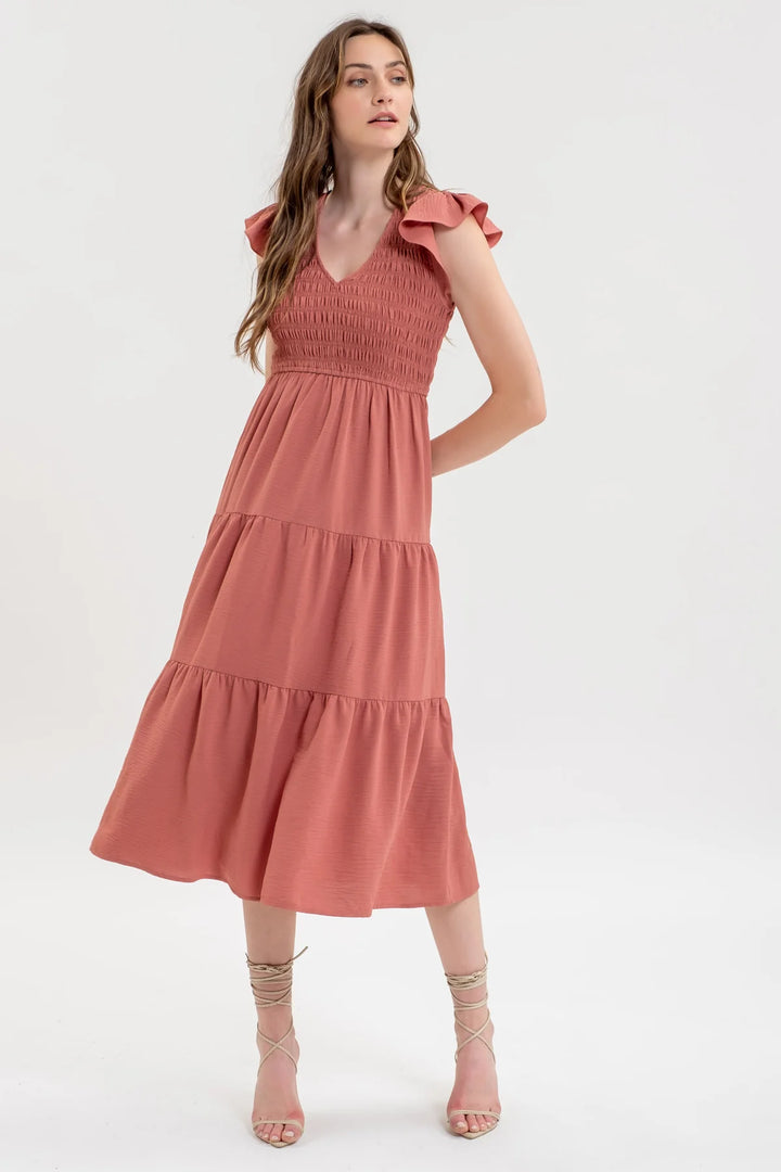 Smocked + Tiered Midi Dress - V neck