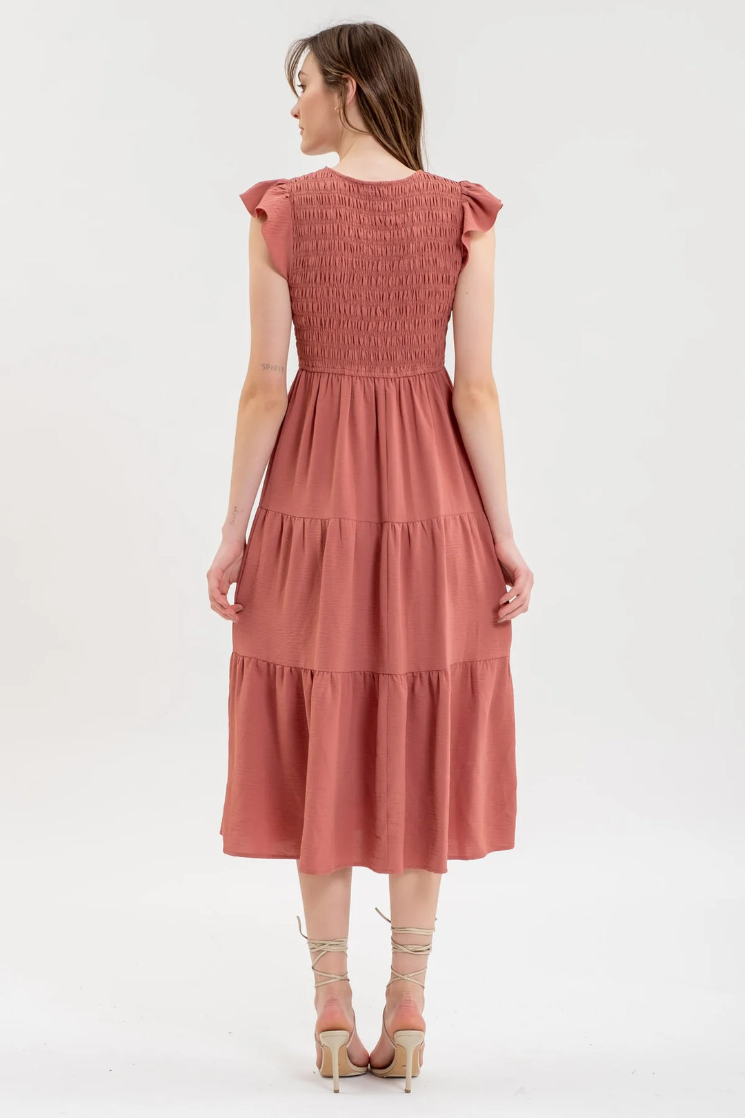 Smocked + Tiered Midi Dress - V neck