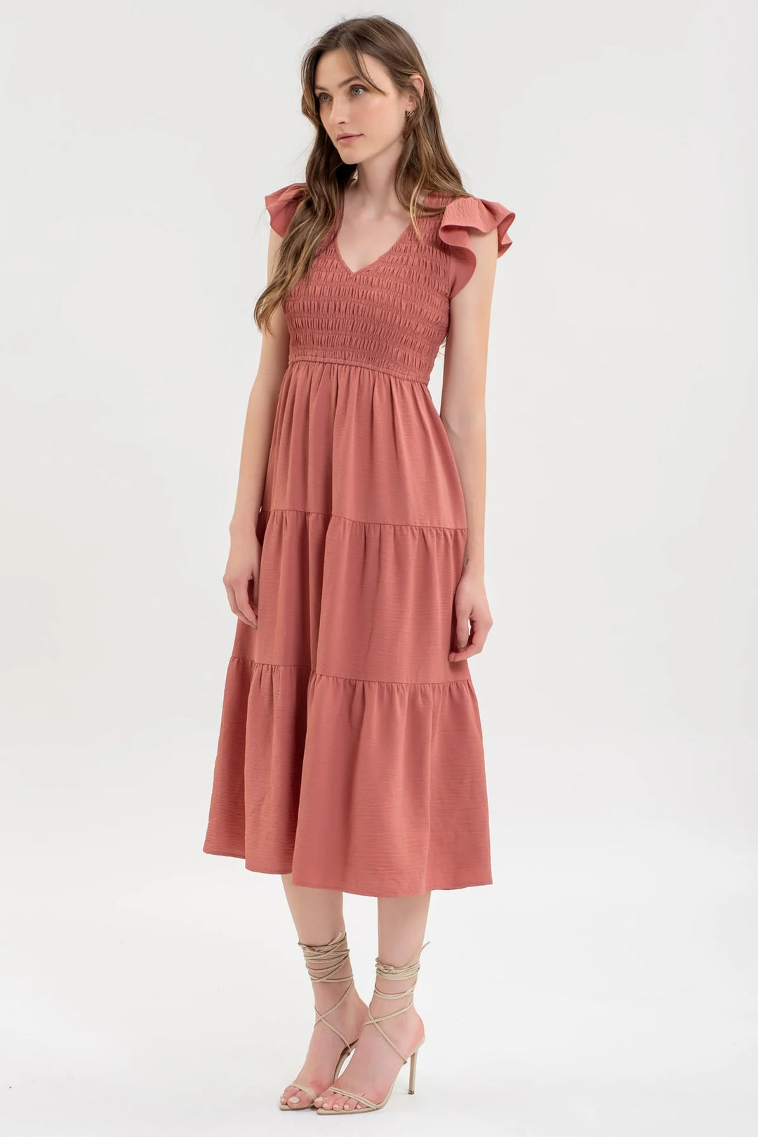 Smocked + Tiered Midi Dress - V neck