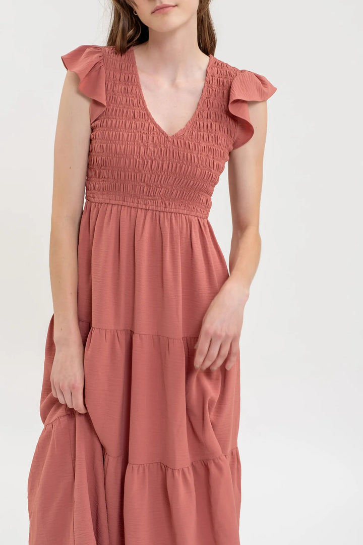 Smocked + Tiered Midi Dress - V neck