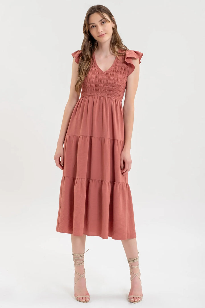 Smocked + Tiered Midi Dress - V neck