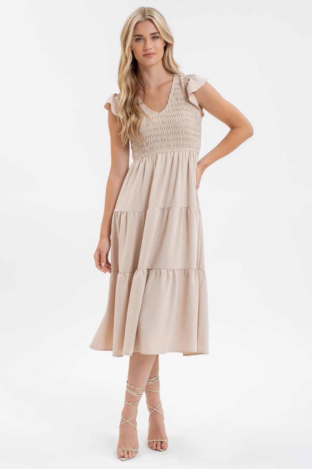 Smocked + Tiered Midi Dress - V neck