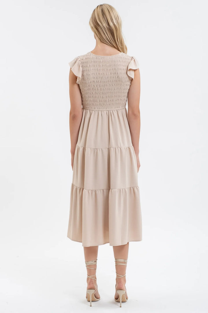 Smocked + Tiered Midi Dress - V neck