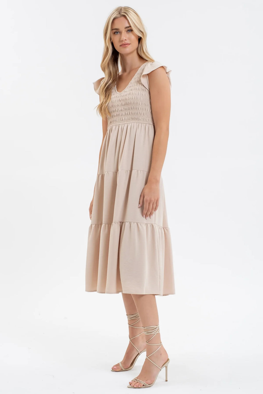 Smocked + Tiered Midi Dress - V neck