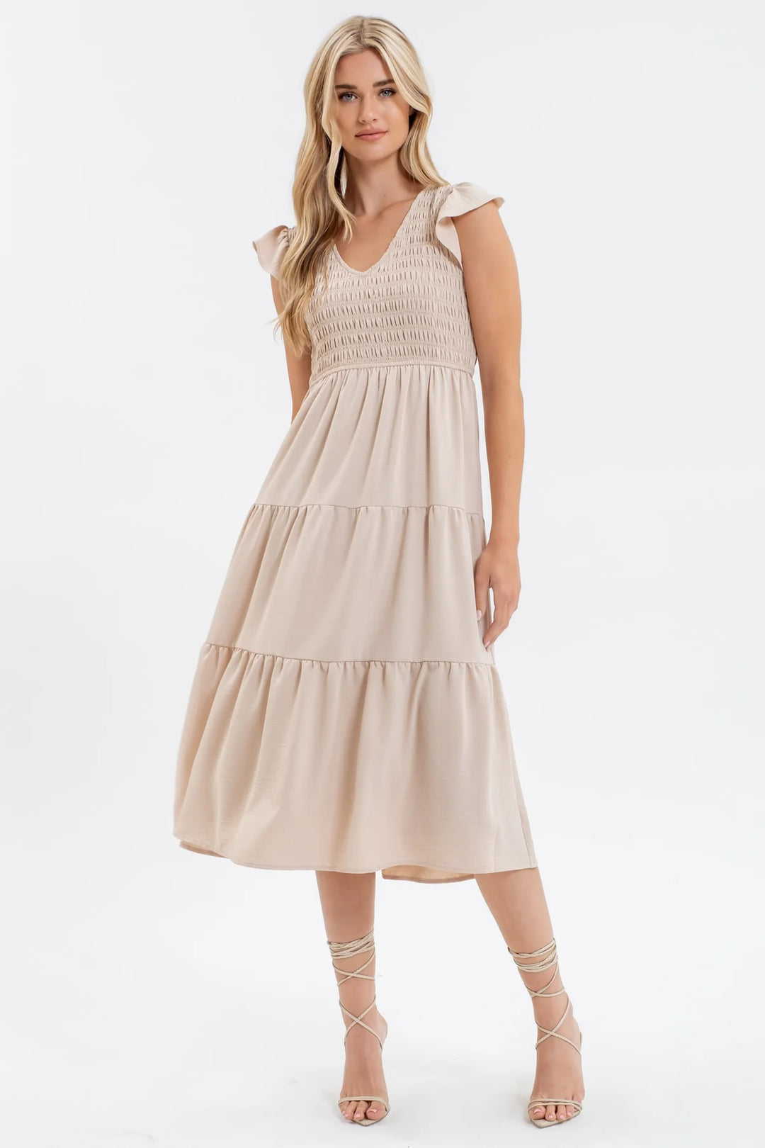 Smocked + Tiered Midi Dress - V neck