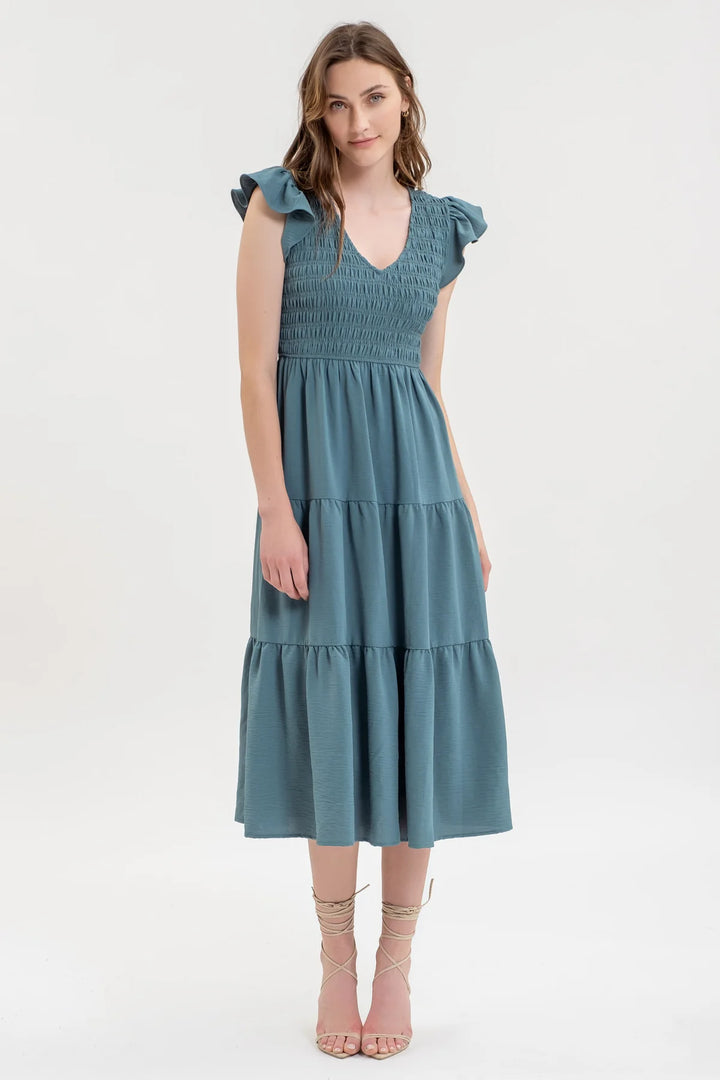 Smocked + Tiered Midi Dress - V neck