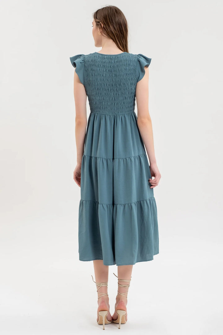 Smocked + Tiered Midi Dress - V neck