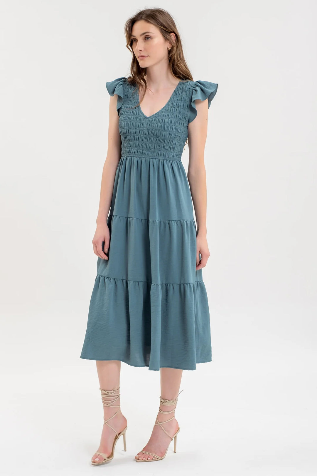 Smocked + Tiered Midi Dress - V neck