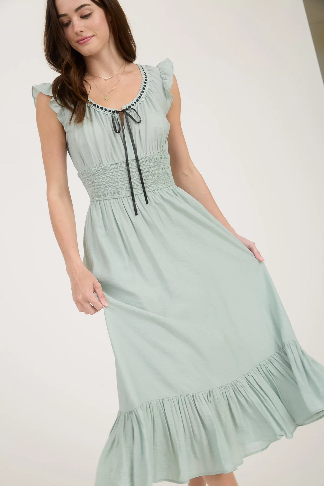 Contrast Ribbon Sage Dress