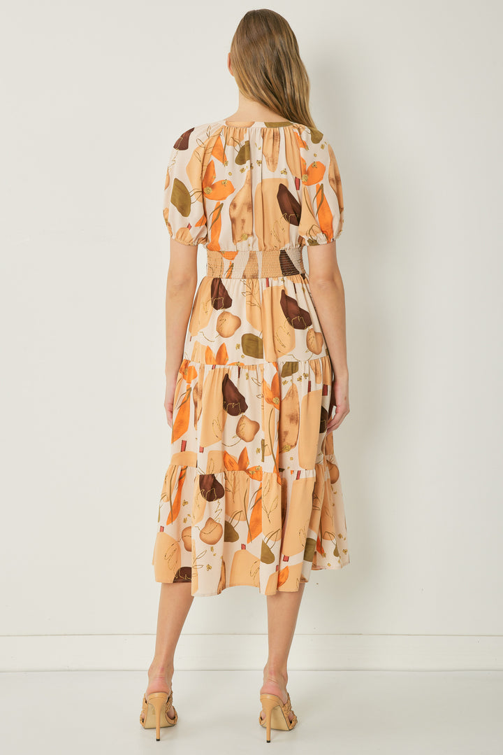 Leaf Print Tiered Midi Dress