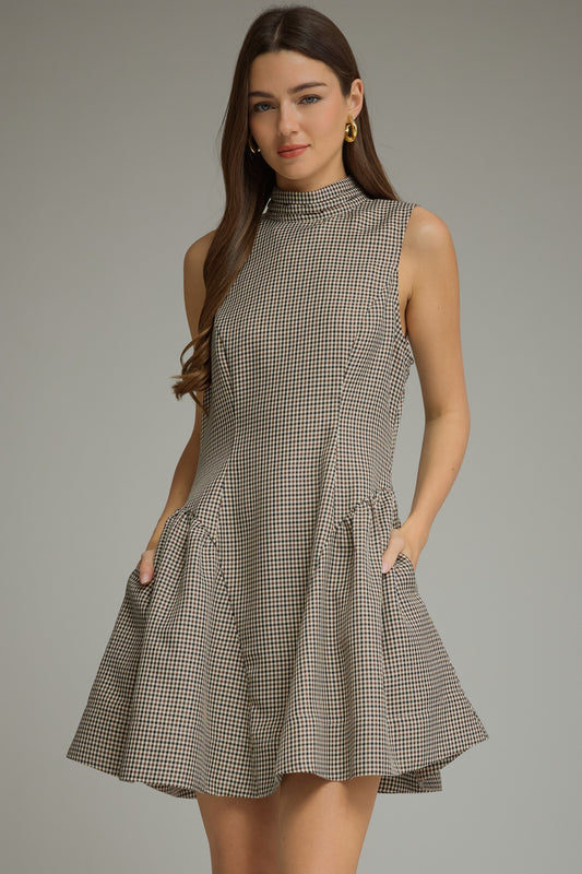 Mock Neck Plaid Mini Dress