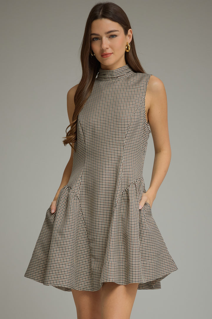 Mock Neck Plaid Mini Dress