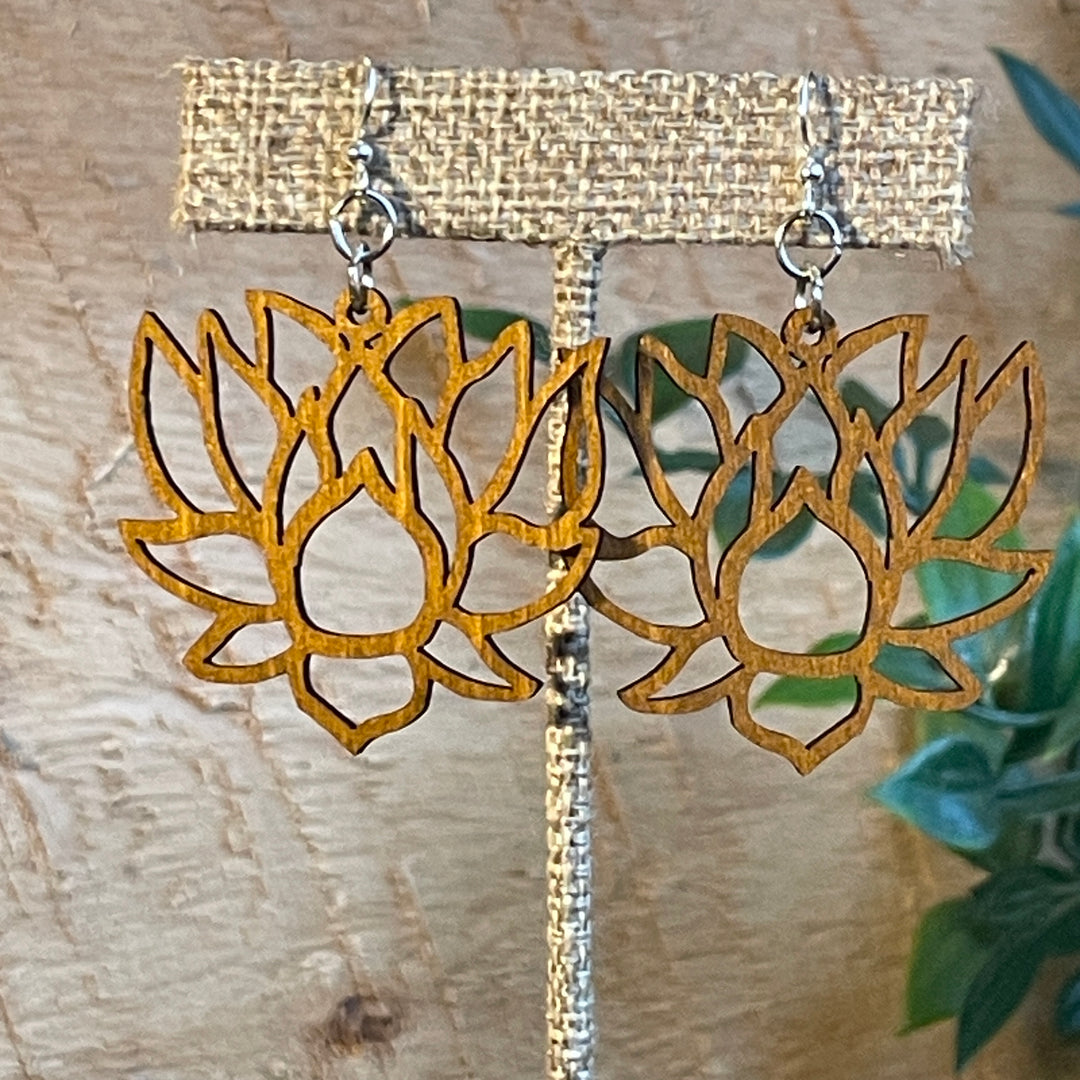 Green Tree Wooden Earring - Lotus Blossoms