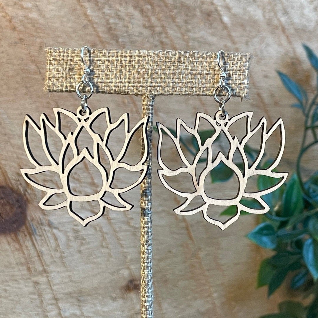 Green Tree Wooden Earring - Lotus Blossoms
