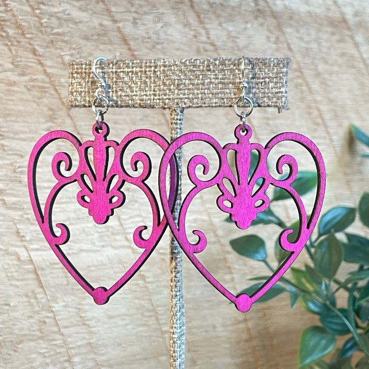 Scroll Heart - Laser Cut Wooden Earring