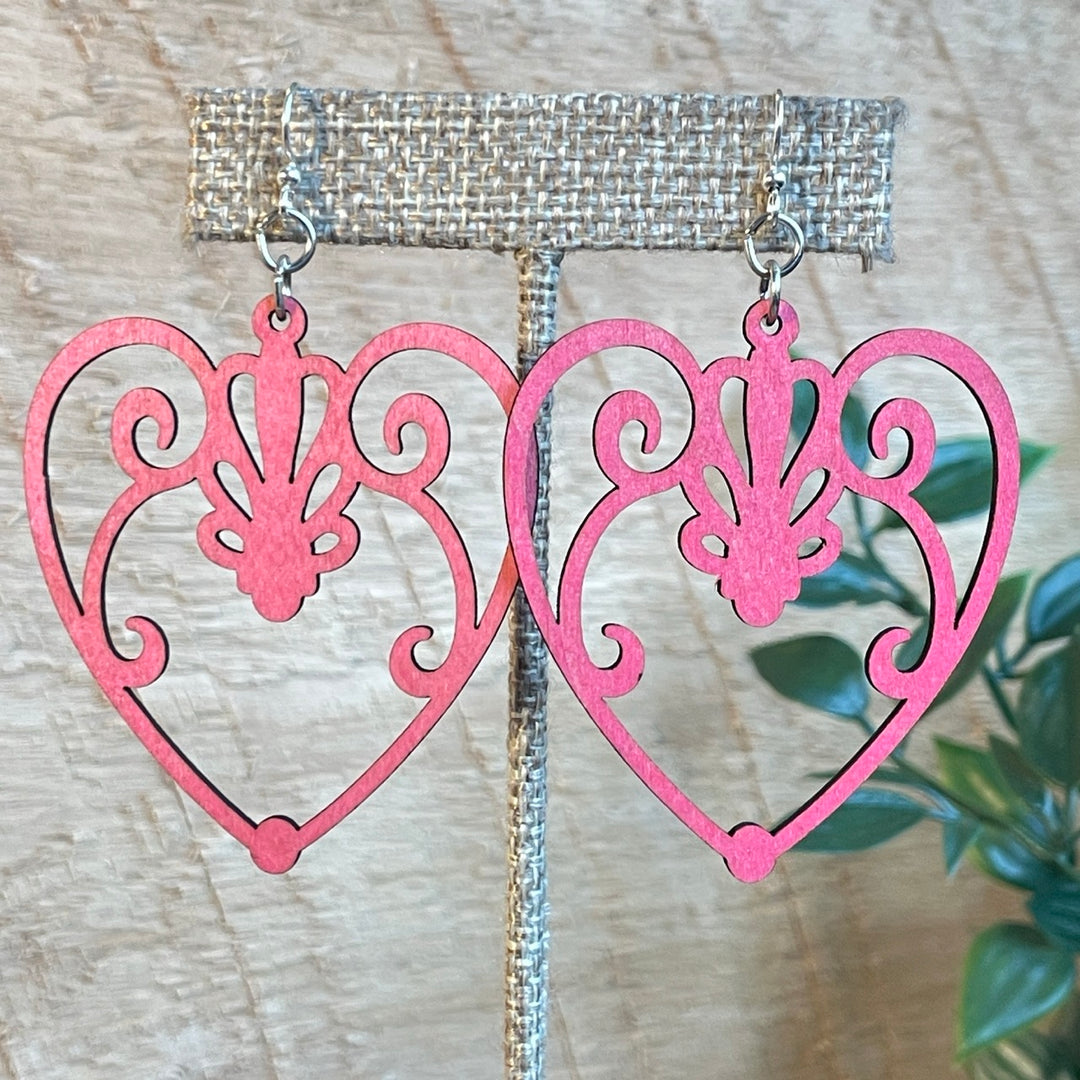 Scroll Heart - Laser Cut Wooden Earring
