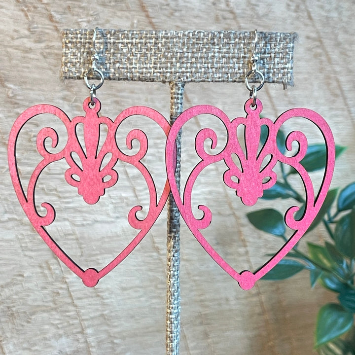 Scroll Heart - Laser Cut Wooden Earring