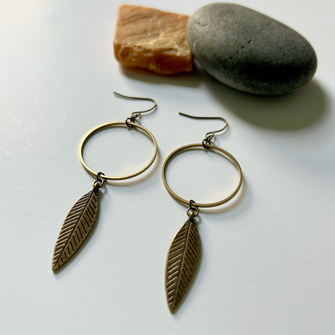 Small Circle + Large Feather Earrings