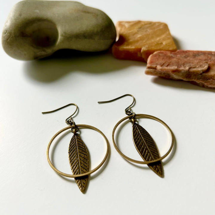 Feather + Circle Brass Earrings