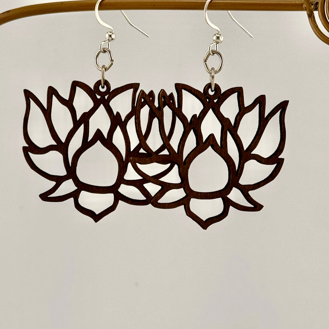 Green Tree Wooden Earring - Lotus Blossoms