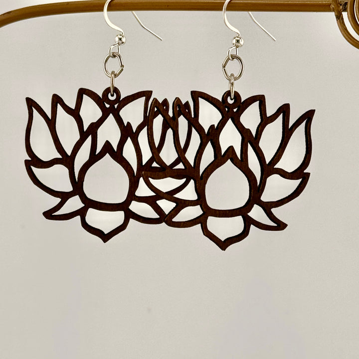 Green Tree Wooden Earring - Lotus Blossoms