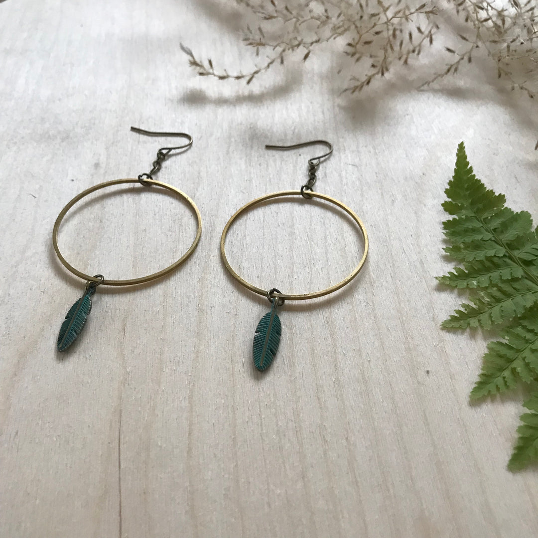 Large Circle + Little Feather Earrings