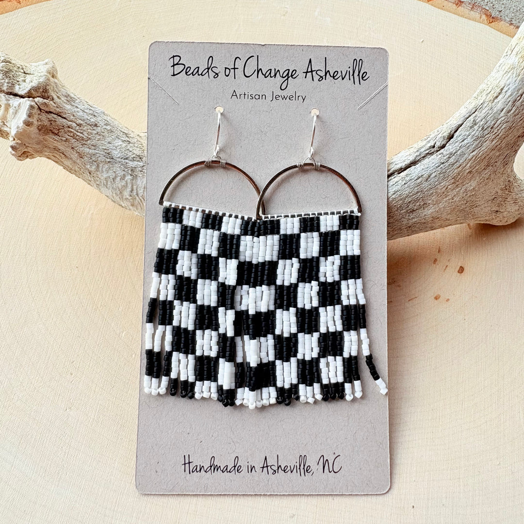 Beadwoven Black + White Check Earrings