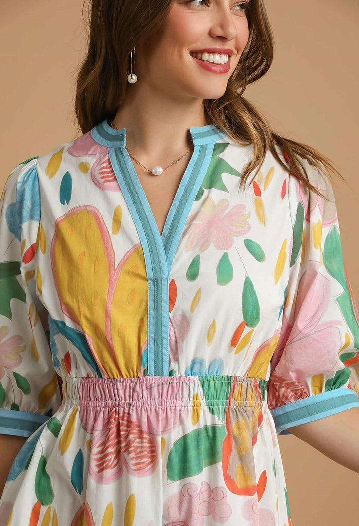 Contrast Band Floral Dress