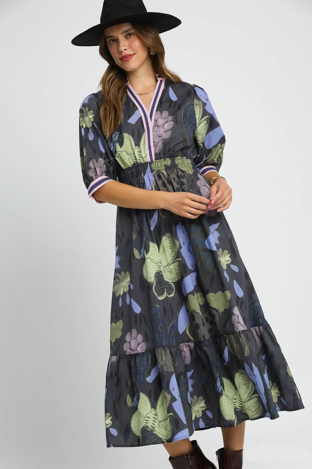 Contrast Band Floral Dress