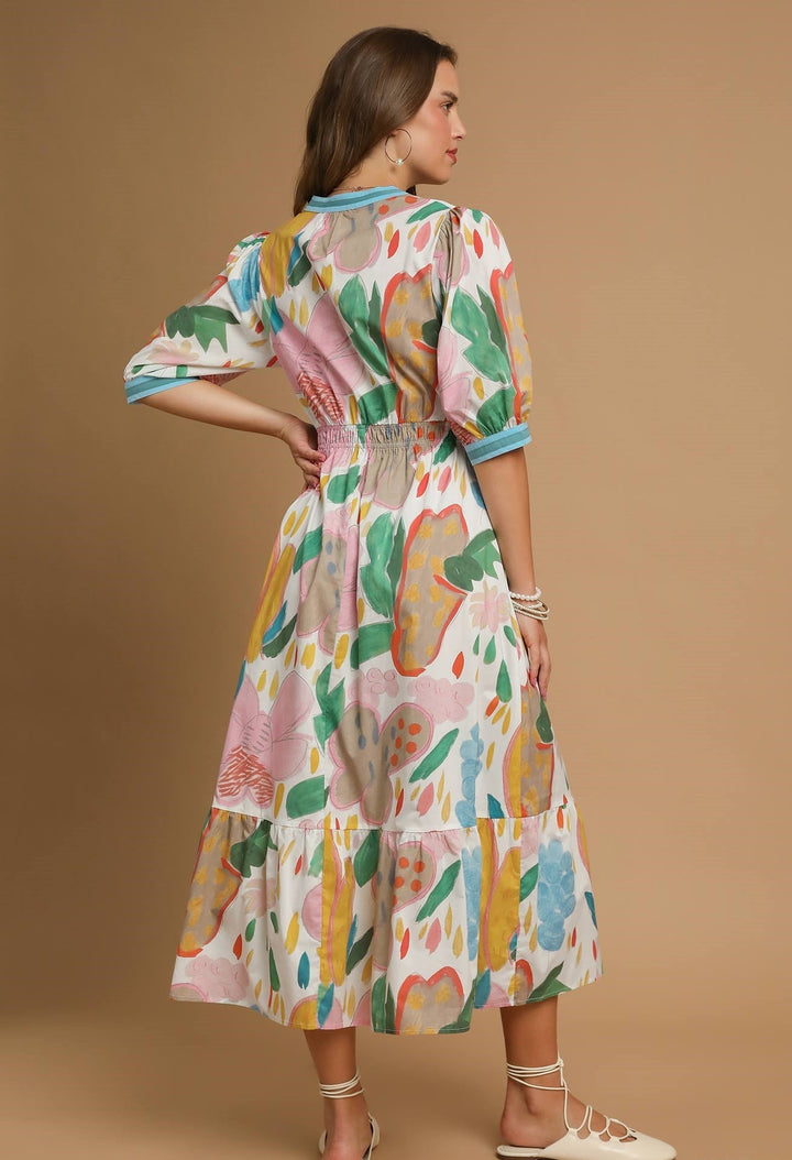 Contrast Band Floral Dress