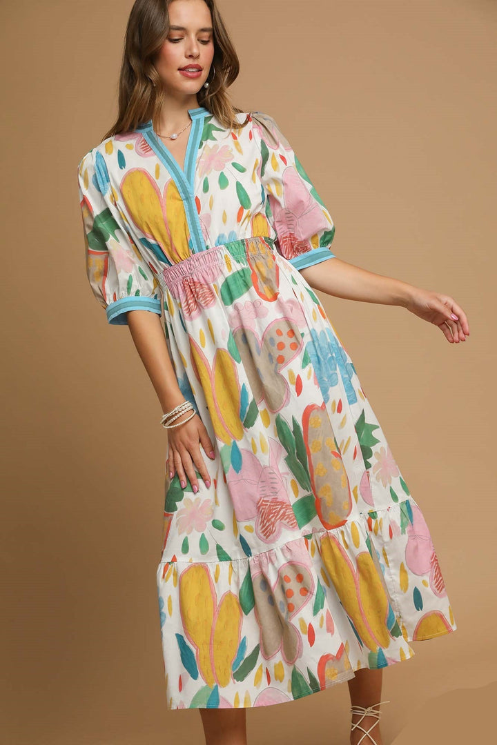 Contrast Band Floral Dress