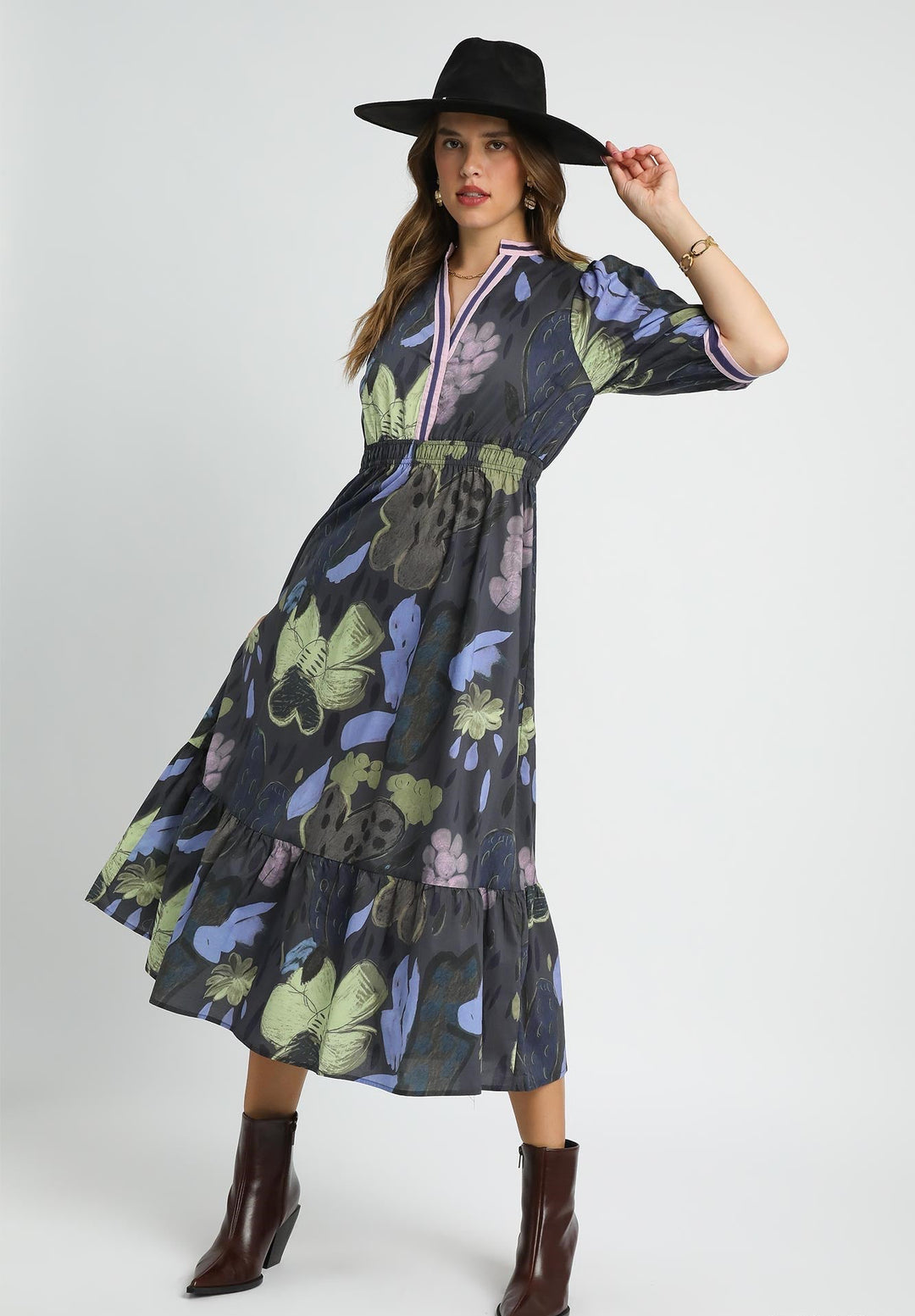 Contrast Band Floral Dress