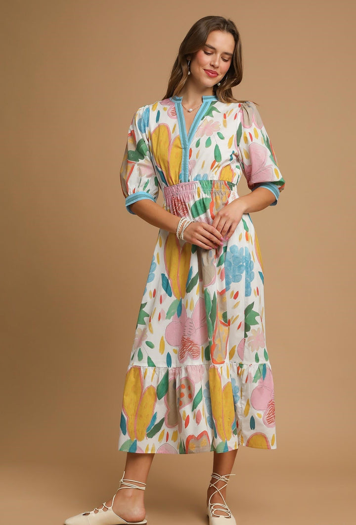 Contrast Band Floral Dress