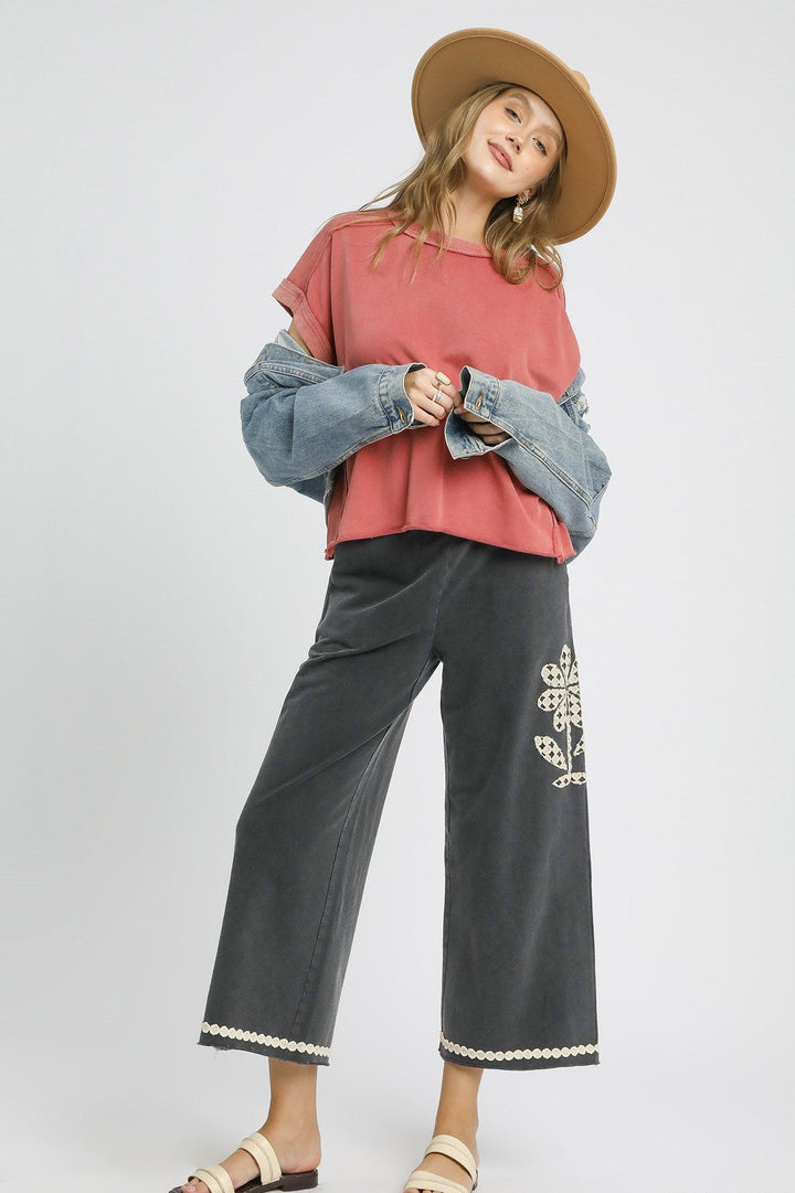 Lace Applique Cropped Terry Pants