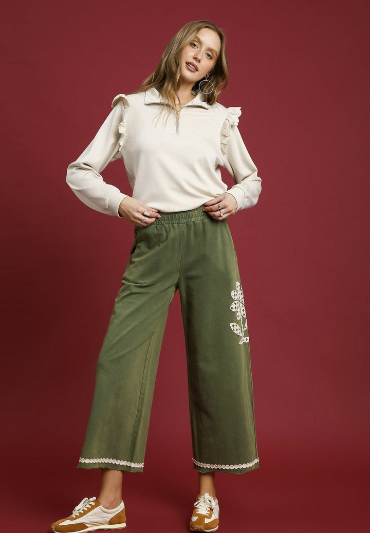 Lace Applique Cropped Terry Pants