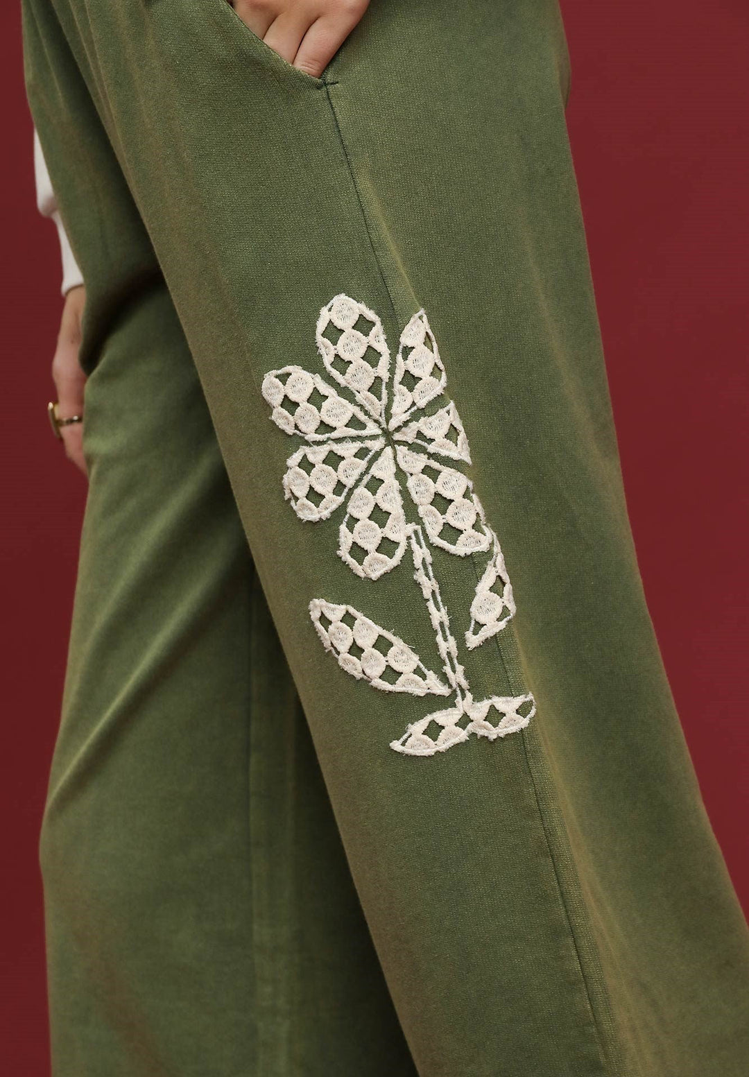 Lace Applique Cropped Terry Pants