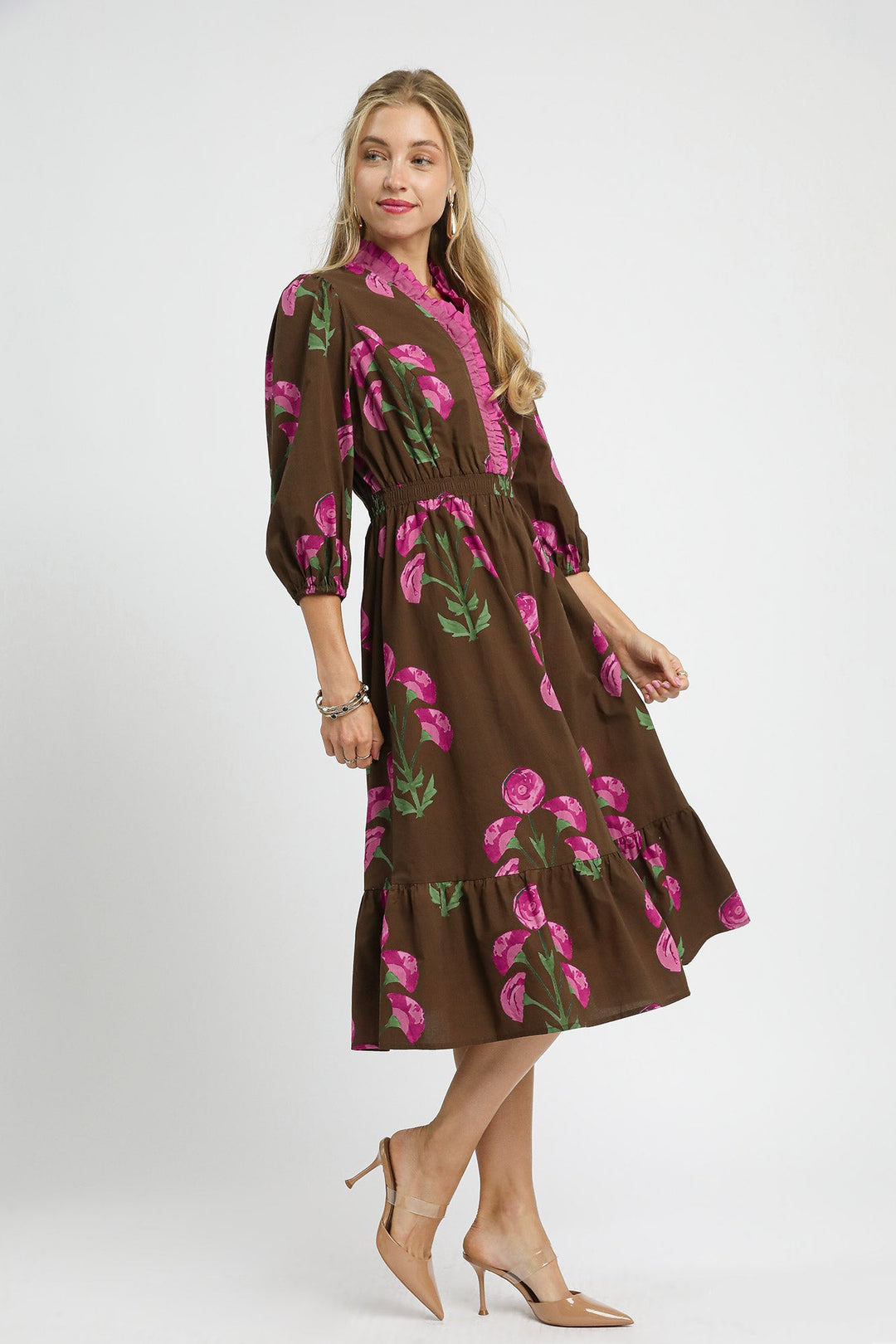 Bold Floral Dress with Ruffle Trim
