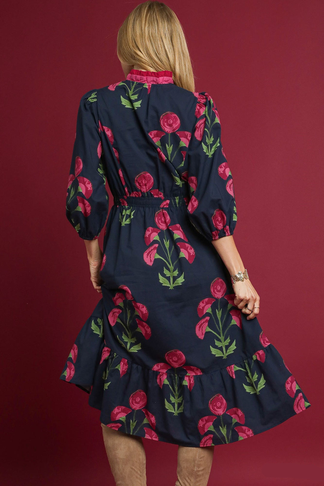 Bold Floral Dress with Ruffle Trim