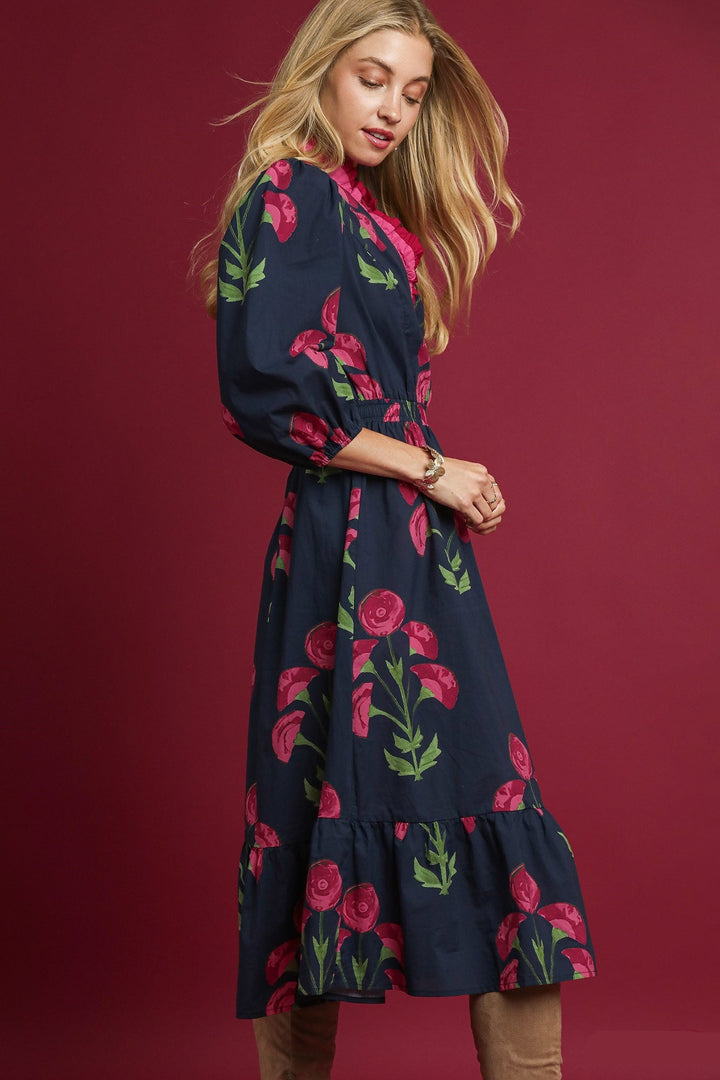 Bold Floral Dress with Ruffle Trim