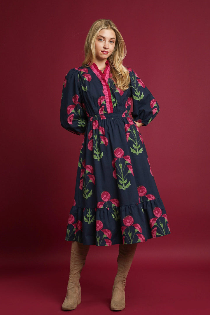 Bold Floral Dress with Ruffle Trim