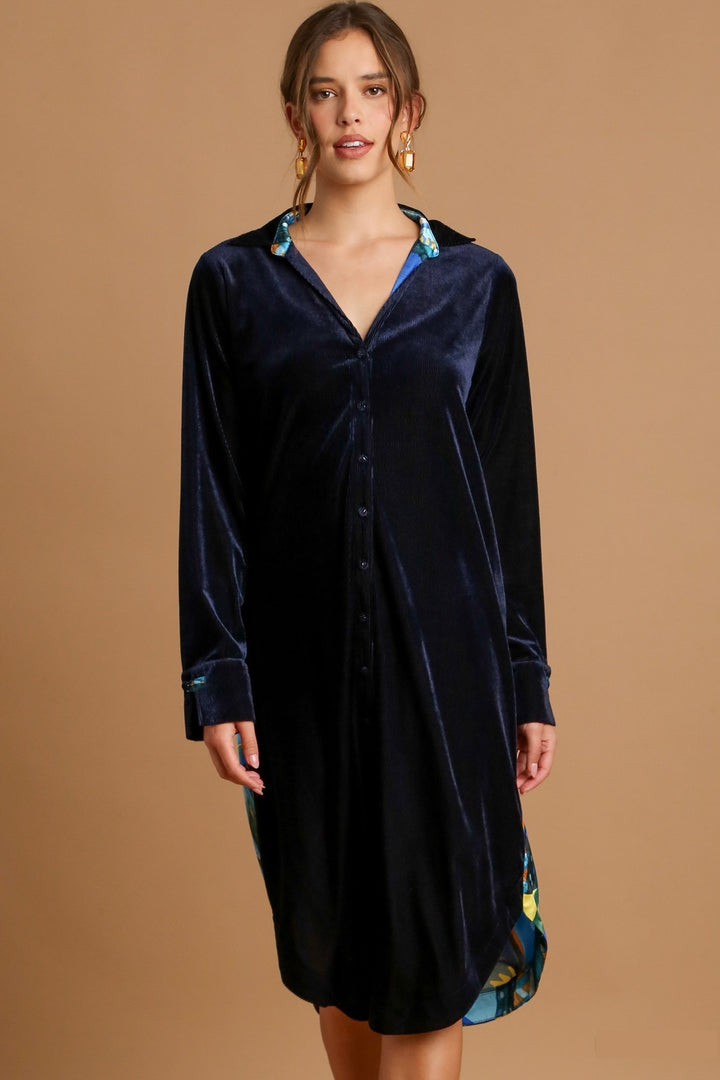 Contrast Print Velvet Shirt Dress