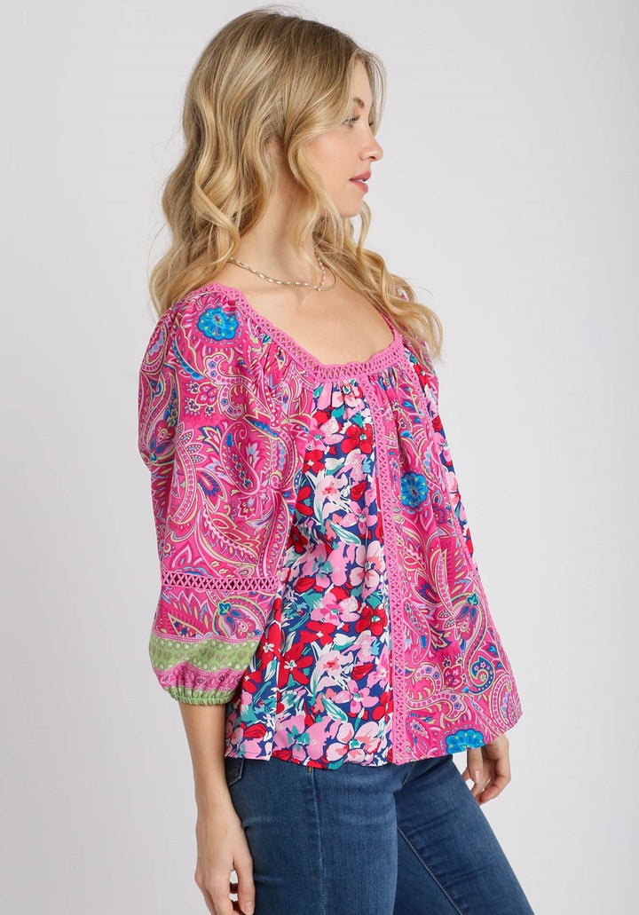 Mixed Print Balloon Sleeve Top