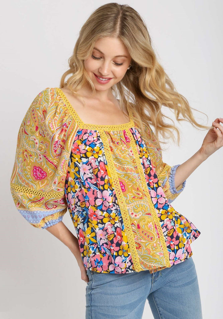 Mixed Print Balloon Sleeve Top