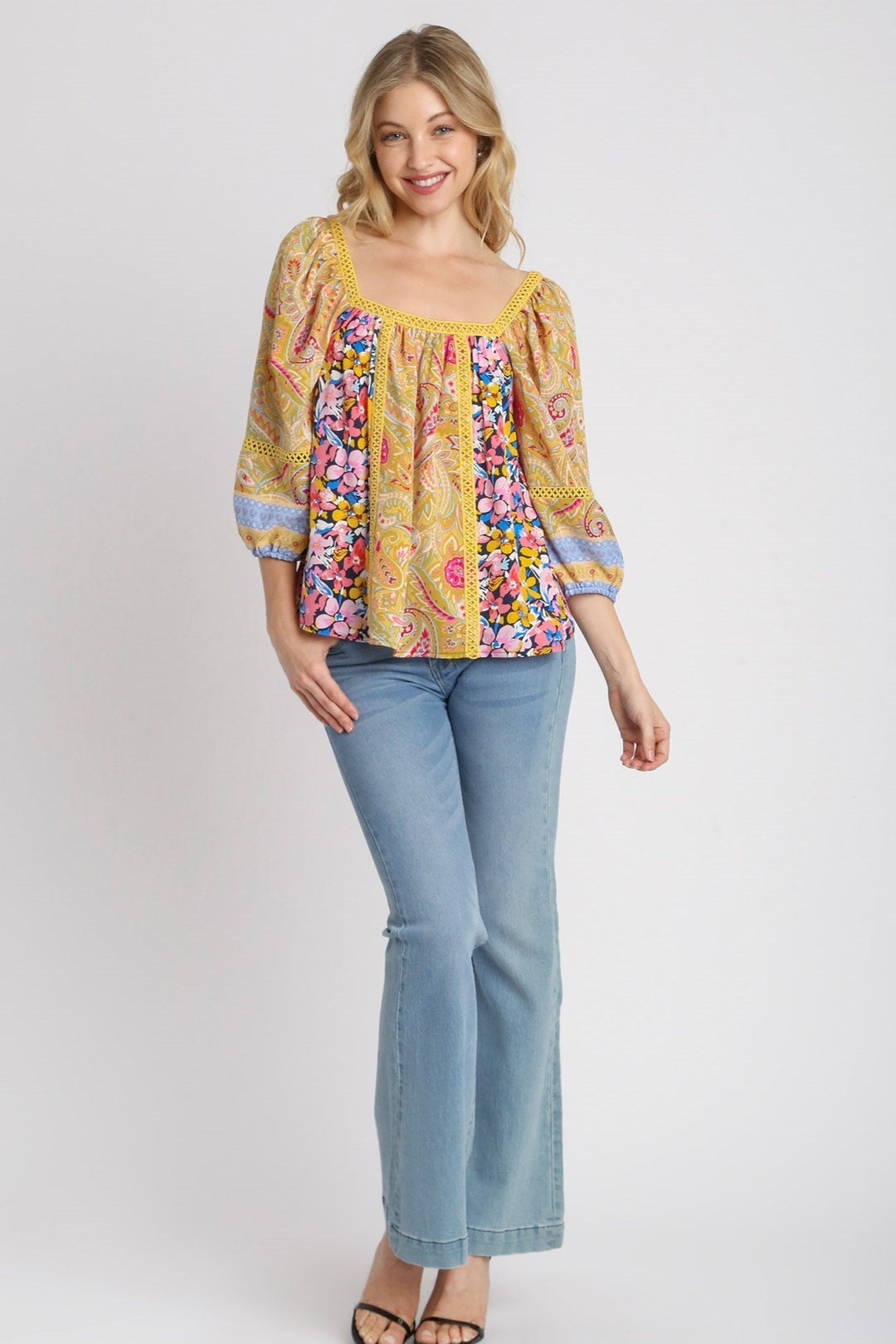 Mixed Print Balloon Sleeve Top