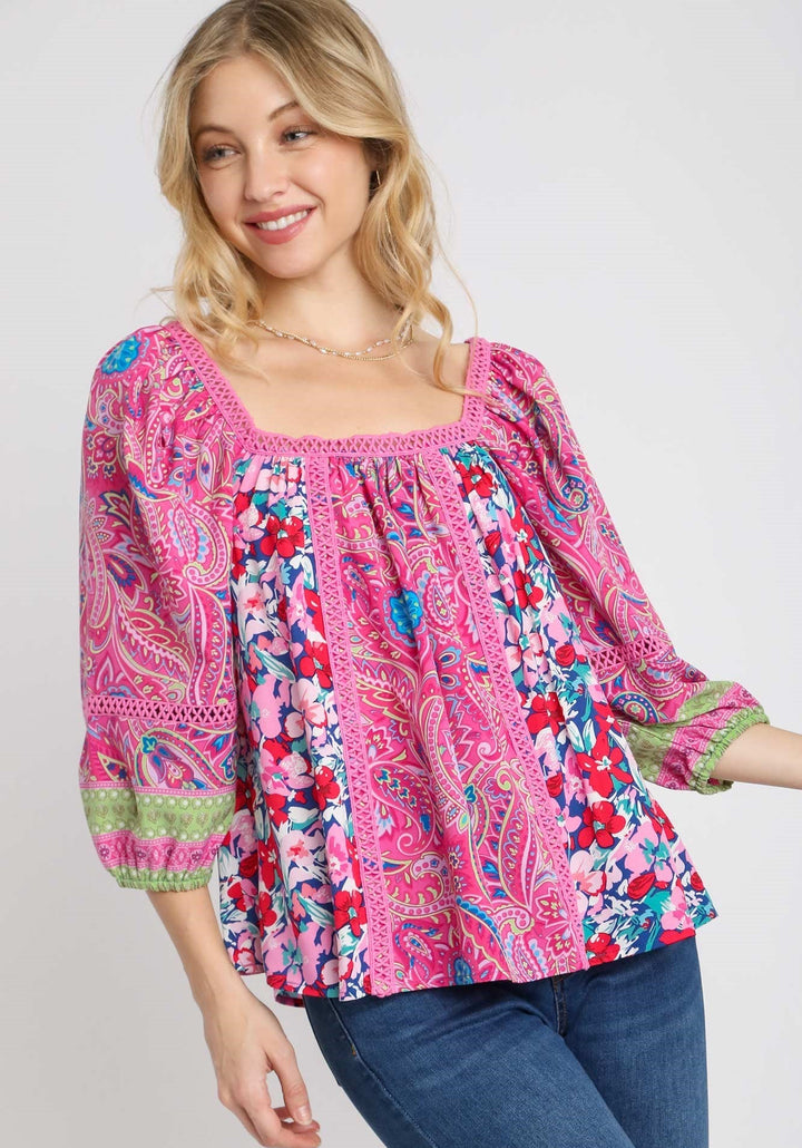 Mixed Print Balloon Sleeve Top